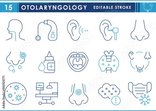 A set of line icons related to Otolaryngology. Nose, ear, throat, hearing, sinuses, tonsils, infection, tinnitus, larynx, and so on. Vector editable stroke.