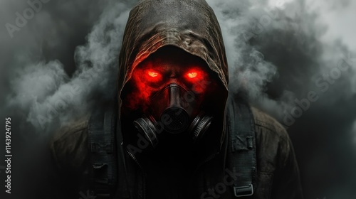 A hooded figure, shrouded in smoke, stares menacingly through a gas mask. Glowing red eyes pierce the darkness, hinting at a dangerous presence. A chilling portrait of survival in a toxic world.