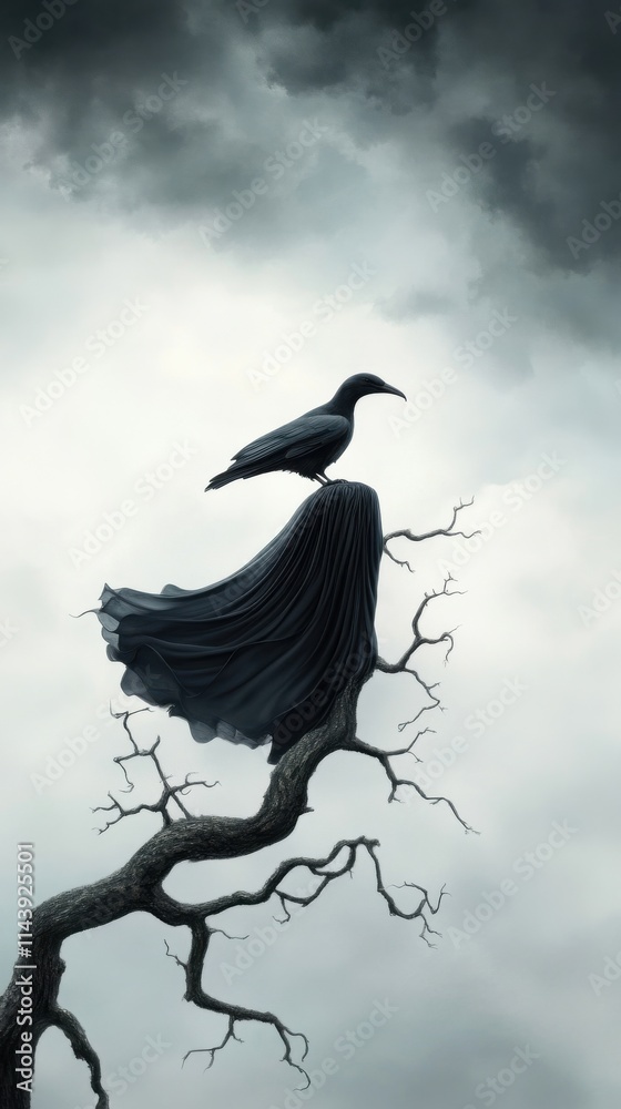 Mysterious silhouette of a crow perched on a branch alongside an ethereal flowing gown, set against a moody, cloudy gray sky representing dark fantasy and nature Mysterious silhouette of a crow perched on a branch alongside an ethereal flowing gown, set against a moody, cloudy gray sky representing dark fantasy and nature