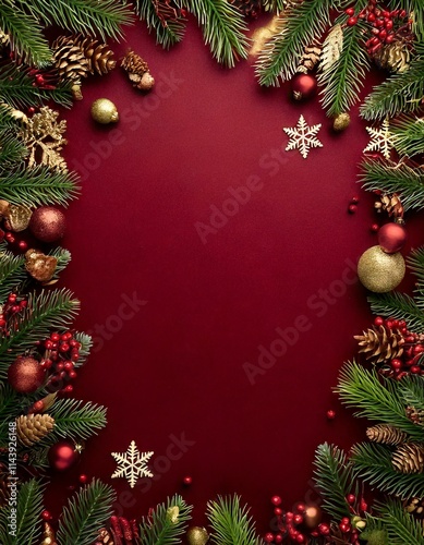 Maroon christmas background with pine leaves and christmas ornaments