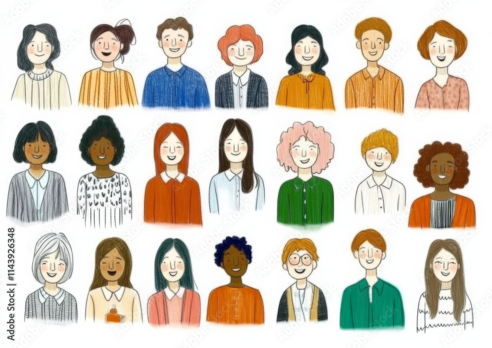 Diverse group of hand drawn characters smiling, showcasing various hairstyles and clothing styles. This illustration represents inclusivity and joy in vibrant community