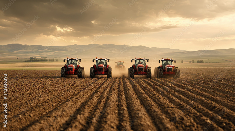 Fototapeta premium Dramatic scene of tractors plowing through fertile soil, creating dust clouds under moody sky. landscape showcases agricultural activity and beauty of farming