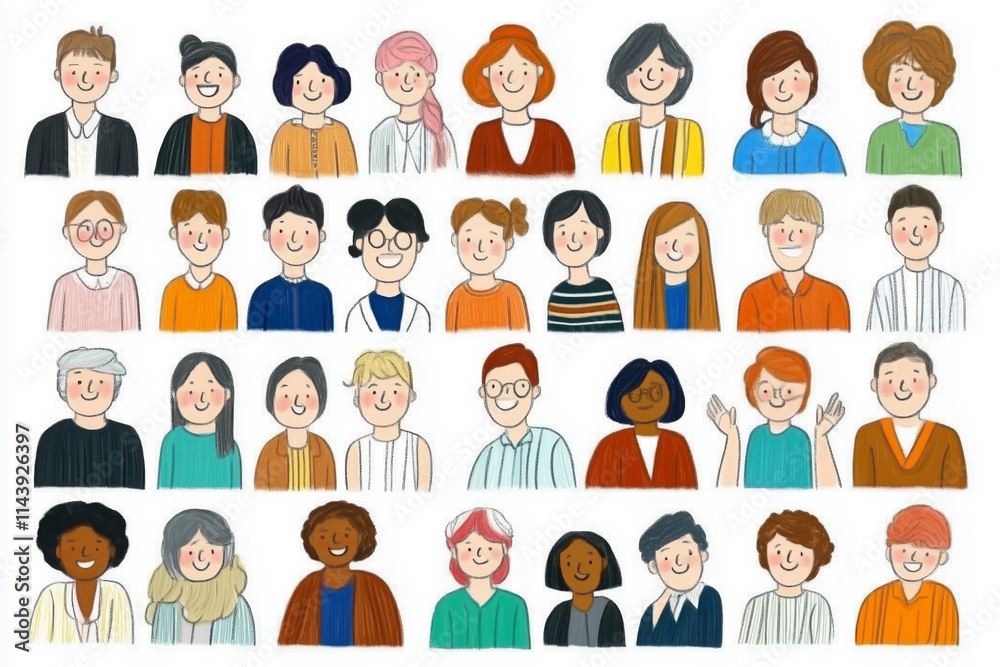 Diverse group of hand drawn people with various hairstyles and clothing styles, showcasing inclusivity and community spirit Diverse group of hand drawn people with various hairstyles and clothing styles, showcasing inclusivity and community spirit