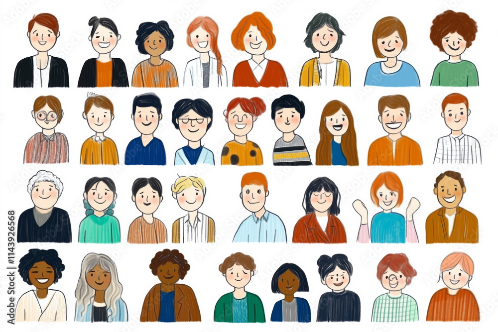Diverse group of people smiling, showcasing various hairstyles and clothing styles. This illustration represents inclusivity and community spirit