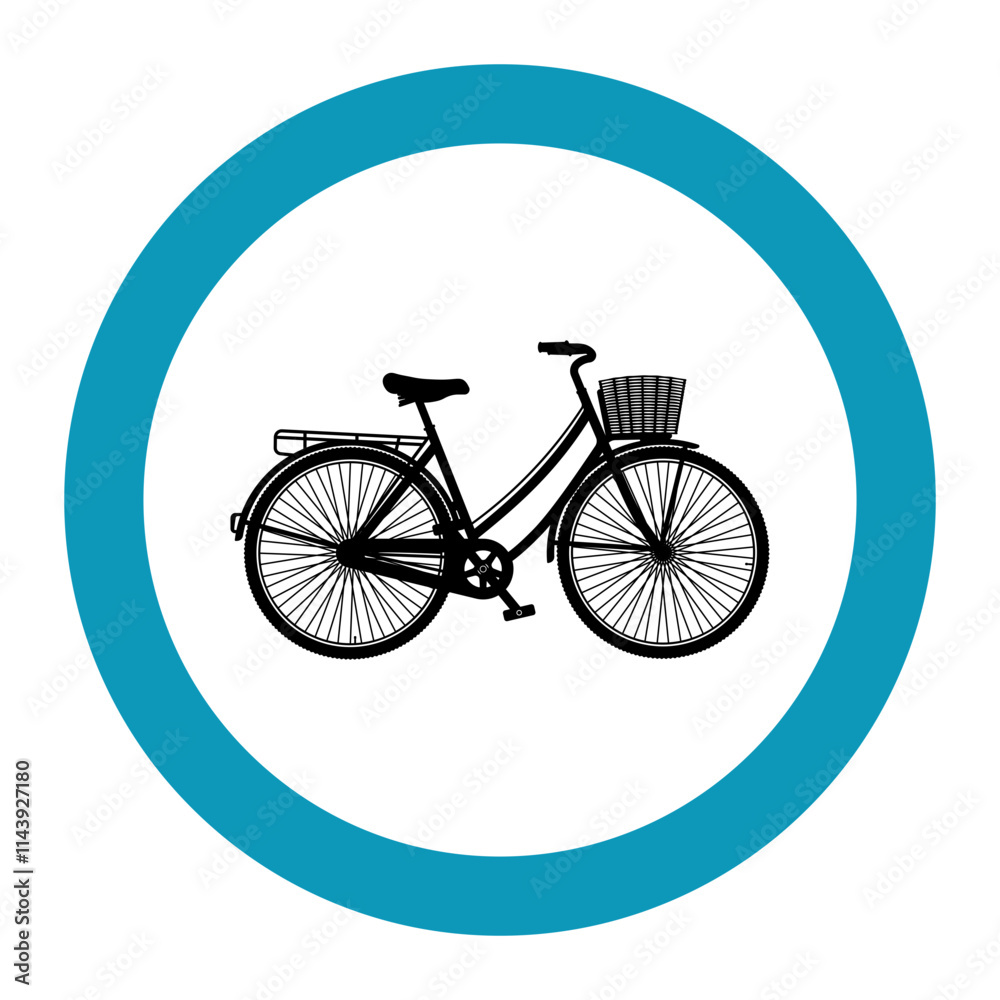 Fototapeta premium black retro bicycle sign with basket in blue round frame