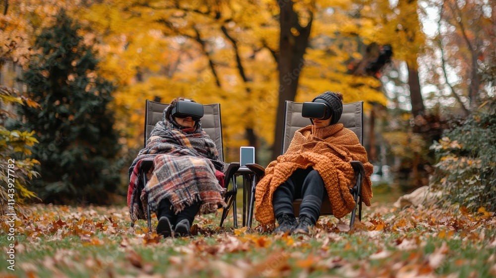 Naklejka premium Two friends wrapped in blankets, sitting in lawn chairs with virtual reality (VR) headsets