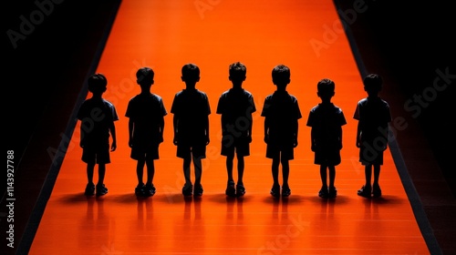 Mysterious Seven: Seven silhouetted figures of young boys stand in a row on an intense orange floor, creating a mysterious and intriguing scene. photo