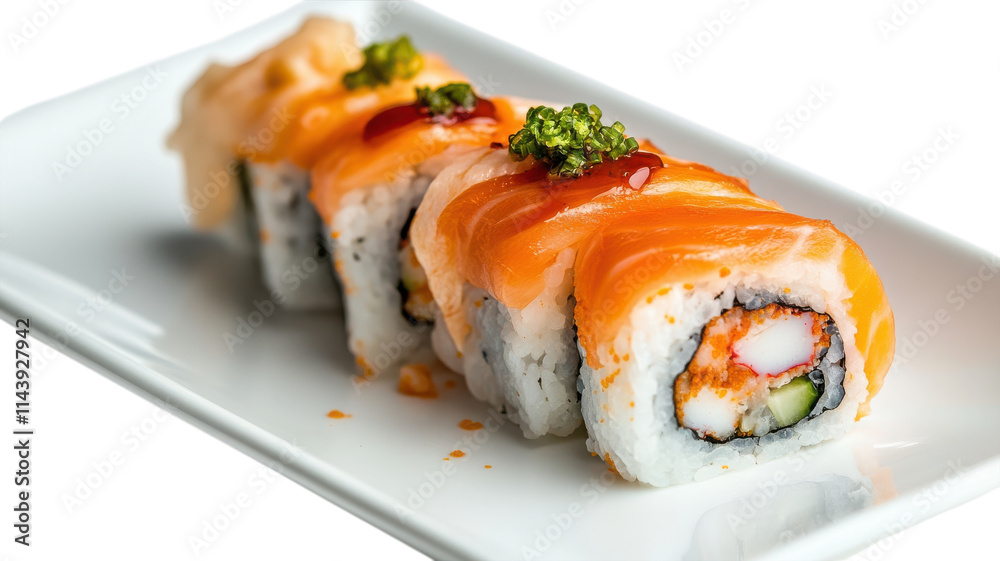 A Delicious Piece of Sushi Featuring a Fresh Slice of Raw Fish Perfect for Culinary Enthusiasts and Food Bloggers. A Delicious Piece of Sushi Featuring a Fresh Slice of Raw Fish Perfect for Culinary Enthusiasts and Food Bloggers.