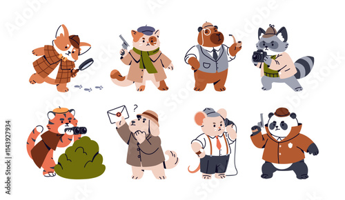 Cute animal detectives set. Funny spy and investigator characters looking for clues, investigating with magnifying glass, binoculars. Kids flat vector illustration isolated on white background