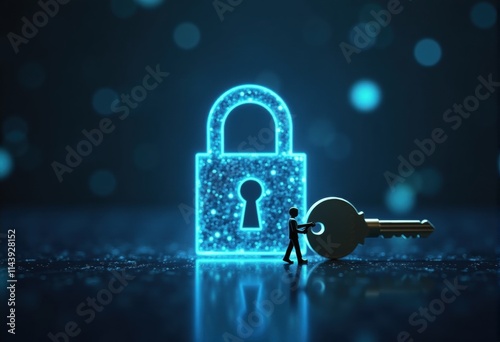 A key man stands before a glowing blue padlock symbol representing cybersecurity and data protection. photo