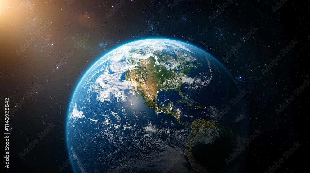 Obraz premium Stunning View of Earth from Space Capturing Vibrant Blue Oceans, Lush Green Lands, and the Vast Expanse of Stars and Galaxies Surrounding Our Planet in Cosmic Splendor