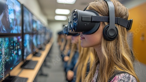 Woman conducting a virtual reality demo in an educational setting, students engaged with VR