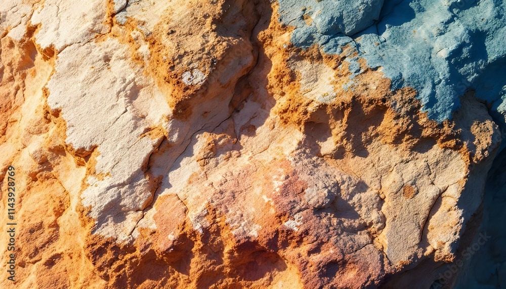 Fototapeta premium Close-up image of a rock wall, emphasizing the intricate textures and rust stains that illustrate its age