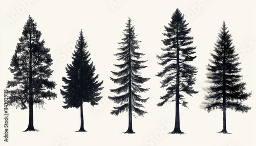 Five different types of evergreen trees illustrated in black ink on a white background. photo