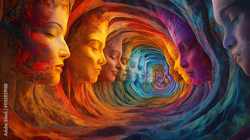 Surreal collage of a colorful, layered tunnel with glowing family faces along the walls, guiding and encouraging the soul forward