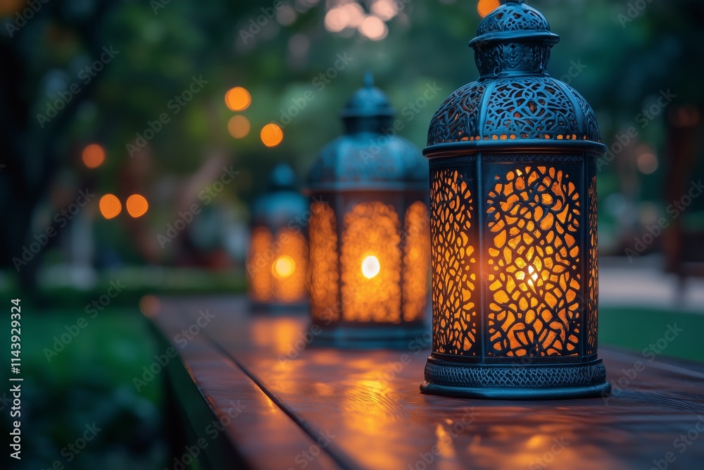 Ramadan night scene with three ornate lanterns glowing softly, casting warm light on an empty table Ramadan night scene with three ornate lanterns glowing softly, casting warm light on an empty table
