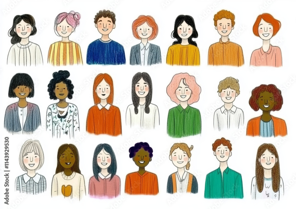 Diverse group of hand drawn characters with various hairstyles and outfits, showcasing individuality and expression in colorful illustration Diverse group of hand drawn characters with various hairstyles and outfits, showcasing individuality and expression in colorful illustration