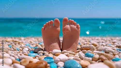 Fototapeta Naklejka Na Ścianę i Meble -  Feet in the Sand: A pair of bare feet buried in smooth, colorful pebbles on a sun-drenched beach, the azure sea stretching out in the background.