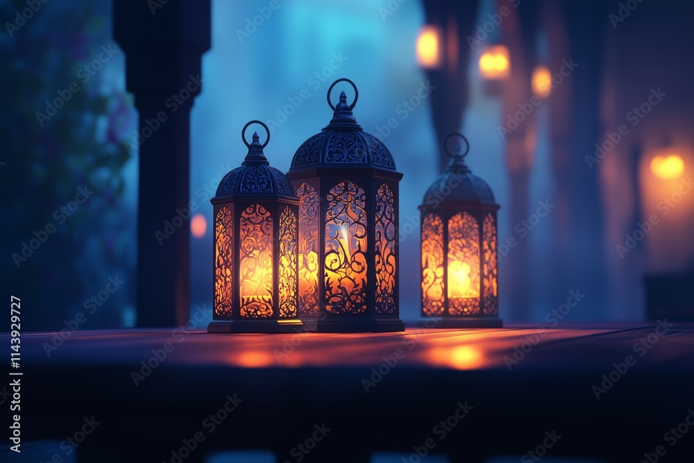 Fototapeta premium Ramadan night scene with three ornate lanterns glowing softly, casting warm light on an empty table