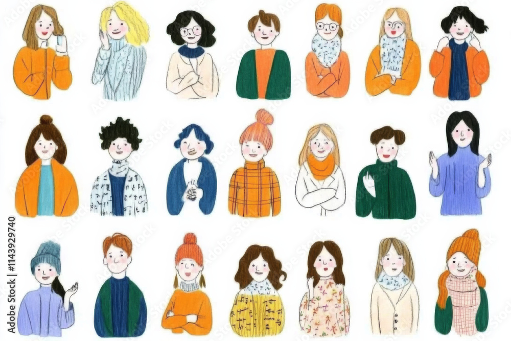 Diverse group of hand drawn women in colorful outfits, showcasing various hairstyles and expressions. This illustration captures sense of community and individuality Diverse group of hand drawn women in colorful outfits, showcasing various hairstyles and expressions. This illustration captures sense of community and individuality