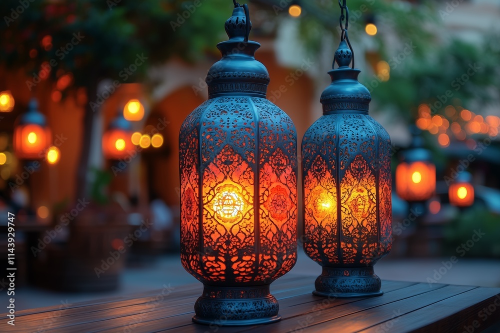Ramadan night scene with three ornate lanterns glowing softly, casting warm light on an empty table