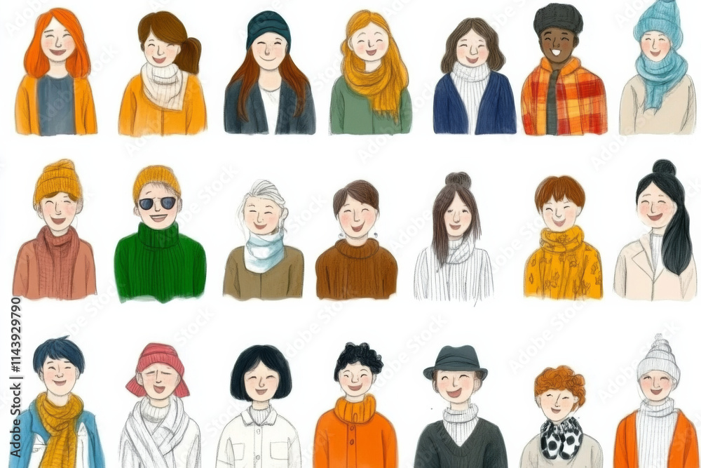 Diverse group of people wearing winter scarves and hats, showcasing various styles and colors. illustration captures warmth and community spirit in cozy setting Diverse group of people wearing winter scarves and hats, showcasing various styles and colors. illustration captures warmth and community spirit in cozy setting