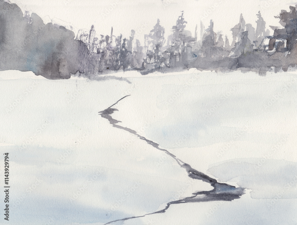 Winter landscape with unfrozen stream Winter landscape with unfrozen stream