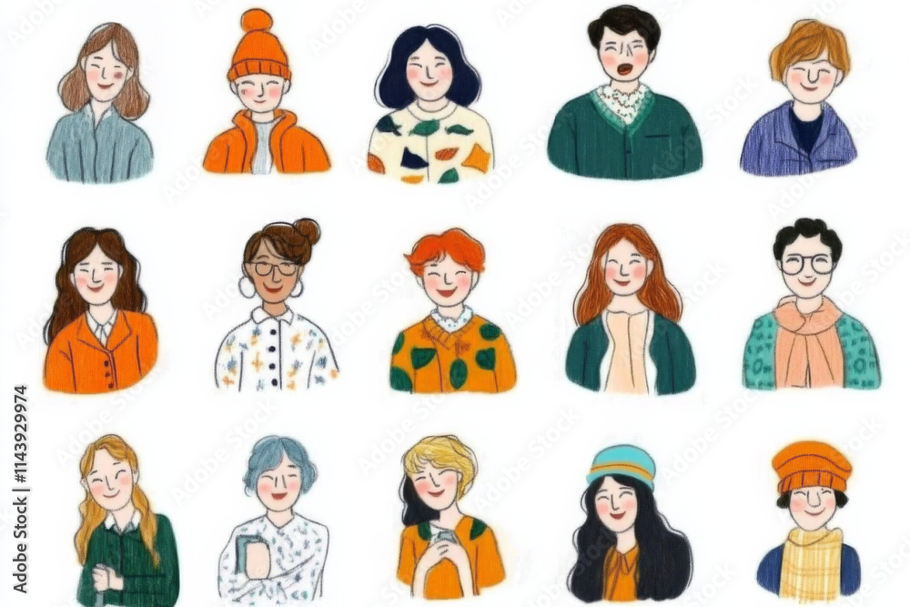 Hand drawn diverse group of smiling individuals in orange attire, showcasing various hairstyles and expressions, creating warm and inviting atmosphere Hand drawn diverse group of smiling individuals in orange attire, showcasing various hairstyles and expressions, creating warm and inviting atmosphere