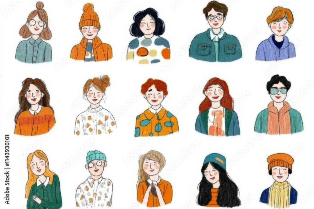 Hand drawn diverse group of people with various hairstyles and outfits, showcasing individuality and style in colorful illustration Hand drawn diverse group of people with various hairstyles and outfits, showcasing individuality and style in colorful illustration