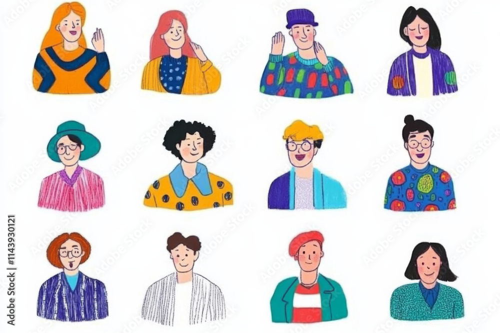 Diverse group of hand drawn characters with various hairstyles and outfits, showcasing individuality and creativity. Each character has unique expression and style Diverse group of hand drawn characters with various hairstyles and outfits, showcasing individuality and creativity. Each character has unique expression and style