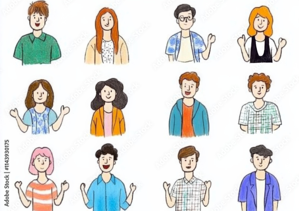 Hand drawn diverse group of people with various hairstyles and outfits, expressing joy and friendliness. This illustration showcases inclusivity and community spirit Hand drawn diverse group of people with various hairstyles and outfits, expressing joy and friendliness. This illustration showcases inclusivity and community spirit