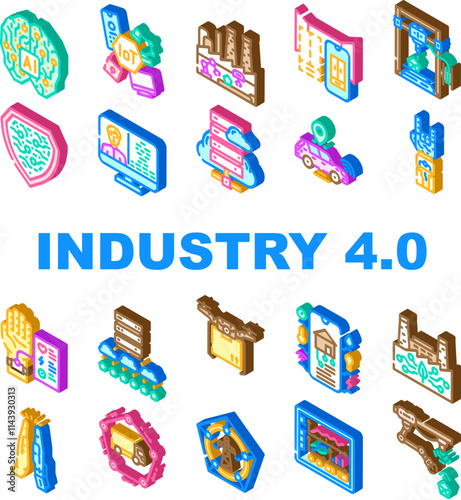industry 4 automation robotics icons set vector. cybersecurity bigdata, analytics cloud, smart, connectivity sensors, machine learning industry 4 automation robotics isometric sign illustrations