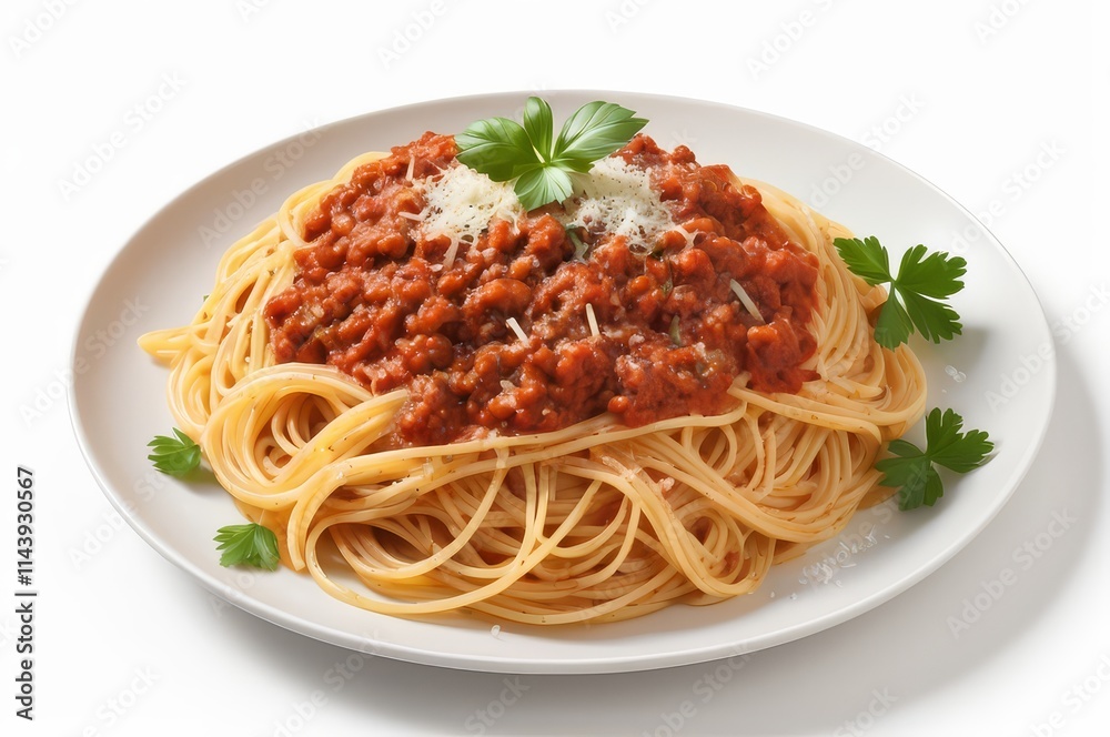Plate of spaghetti bolognese topped with parmesan cheese and parsley. Plate of spaghetti bolognese topped with parmesan cheese and parsley.