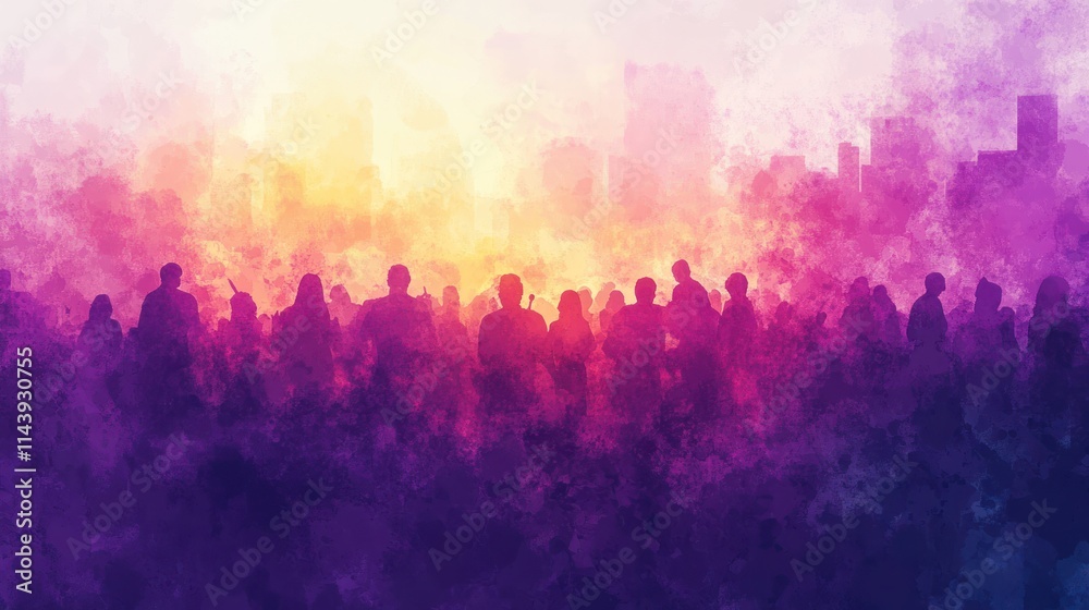 Fototapeta premium Silhouetted crowd before vibrant cityscape sunset.