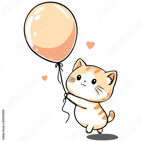 An adorable kawaii 2D cartoon vector cat holding shaped balloon, pastel palette, plain white background 