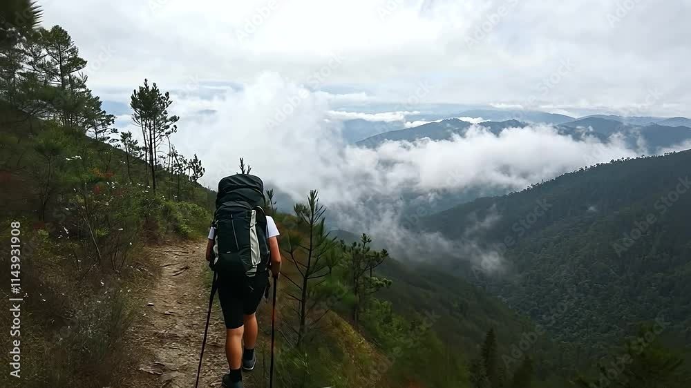 1_Backpacker Trekking in Foggy Forest with Mountain View