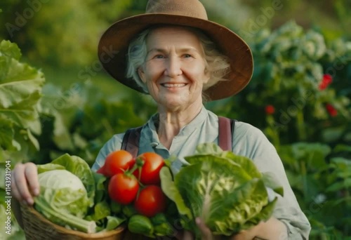 Elderly farmer woman showing a basket of fresh organic vegetables in her garden, smiling at camera