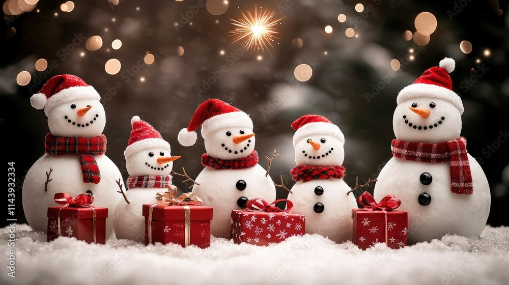 Festive Snowman Family with Christmas Gifts in Snowy Winter Scene Festive Snowman Family with Christmas Gifts in Snowy Winter Scene