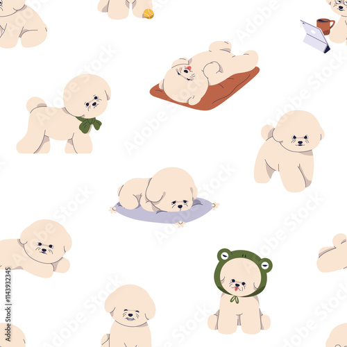 Bichon Frise dog, seamless pattern. Endless canine background with cute fluffy puppy. Repeating texture, print with sweet funny pups for fabric, textile, wrapping design. Flat vector illustration