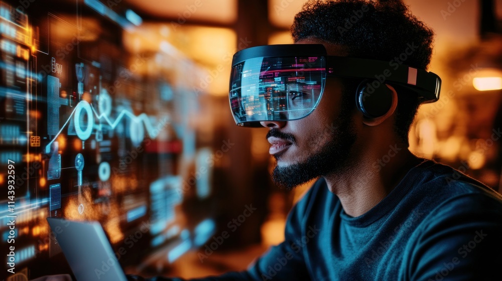Focused man wearing VR headset analyzes data on holographic screen. Focused man wearing VR headset analyzes data on holographic screen.