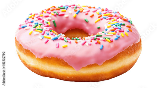 Delicious Pink Glazed Donut Topped with Colorful Rainbow Sprinkles Perfect for Dessert Menus and Celebrations.