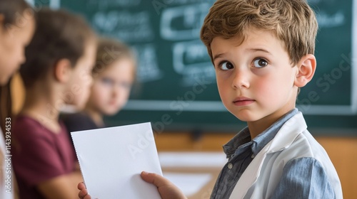 Young Boy with Curly Hair Holding Blank Sheet in Classroom Setting