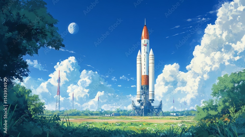 Rocket launchpad on a sunny day with trees and a partial moon visible in the sky. Rocket launchpad on a sunny day with trees and a partial moon visible in the sky.