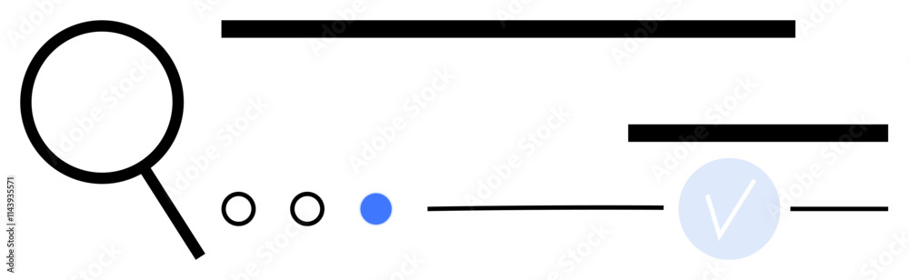 Magnifying glass with two horizontal lines, three small circles, blue check mark. Ideal for search functionality, verification processes, web design, digital marketing, data exploration, user Magnifying glass with two horizontal lines, three small circles, blue check mark. Ideal for search functionality, verification processes, web design, digital marketing, data exploration, user
