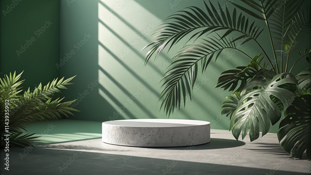 A product display with green walls and plants A product display with green walls and plants
