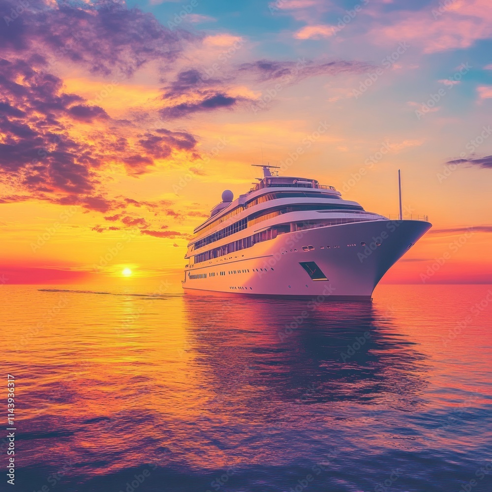 Luxury cruise ship sailing at sunset on calm waters.
