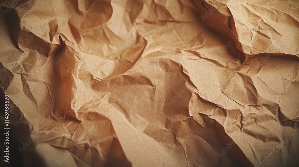 Naklejka premium Crumpled brown paper with deep folds and creases.