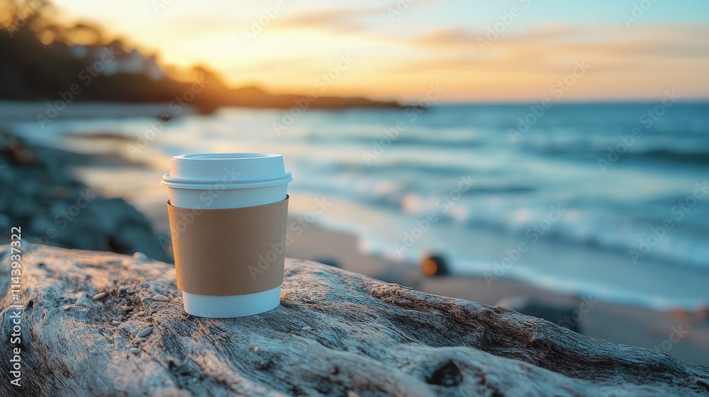 A takeaway coffee cup sits on a driftwood log by the ocean at sunset. The warm colors of the sunset create a peaceful and serene atmosphere. A takeaway coffee cup sits on a driftwood log by the ocean at sunset. The warm colors of the sunset create a peaceful and serene atmosphere.