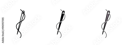 Set of 3 "Needle" icons with 1 line, 1 silhouette n 1 colored icon with an unexpanded vector inside - Needle featuring sharp sewing needle with thread looped through the eye symbolizing sewing tailor