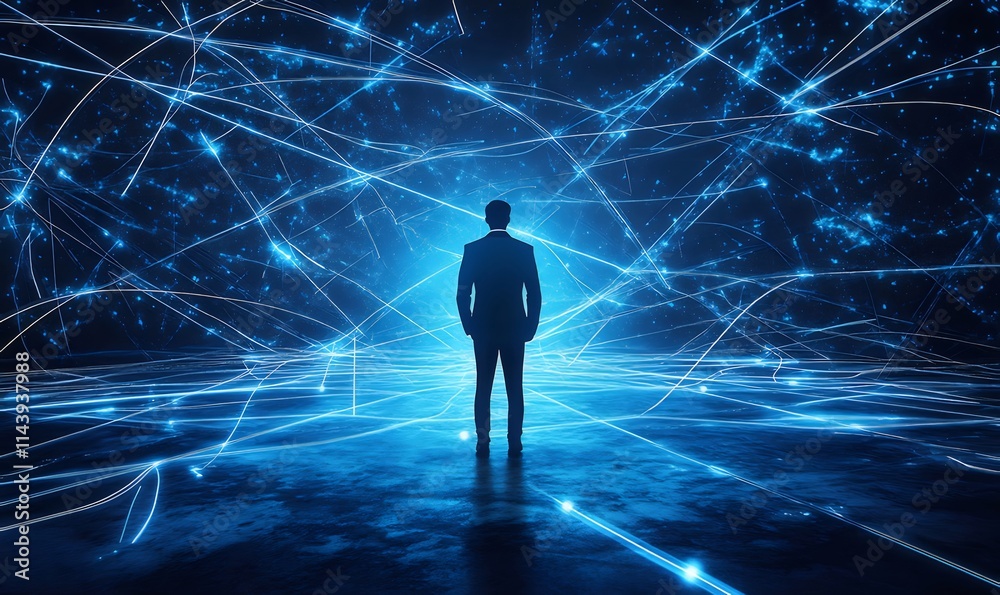 Man in suit standing amidst glowing network lines. Man in suit standing amidst glowing network lines.